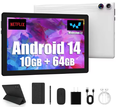 Android 14 10 inch Tablet, A523 Octa Core, 8GB RAM + 64GB ROM(TF 1TB), 5000mAh, Face Unlocked,Black+Keyboard & Mouse Set, Black