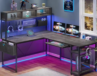 SEDETA L Shaped Desk 94.5 Inch Home Office Desk with Power Outlet Pegboard Gaming LED Light Keyboard Tray Headphone Hook