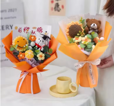 Crochet Flowers Bouquet Eternal Flower Wedding Gift for Guests Woven Sunflower Christmas Bouquet Cadeau Mariage Pour Invites