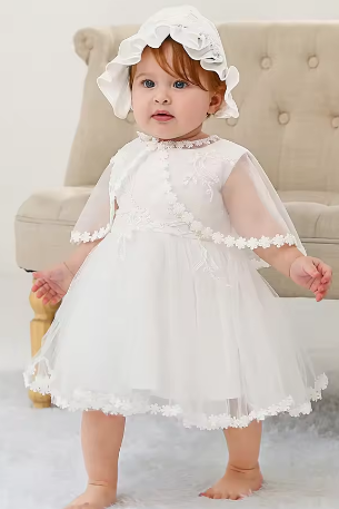 Sleeveless Hood Cloak Soft Satin Floral Embroidered Lace Wedding Party Princess Baby Dress Set