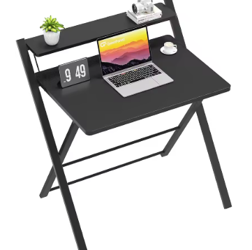 Folding Desk No Assembly Required Small Size, 2-Tier Foldable Computer Desk with Shelf for Home Office