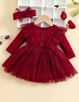 Two-Piece Baby Girl Romantic Small Flying Sleeve Long Sleeve Ruffled Mesh Dress + Bow Headscarf Spring And Autumn