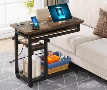Small Portable Desk with Power Outlet, Height Adjustable Sofa Couch Bedside Laptop Table with Wheels, Rolling Computer Cart