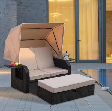 Outdoor Wicker Loveseat - Patio Furniture Set with Retractable Canopy, Adjustable Back, Side Table, Ottoman, Cushion