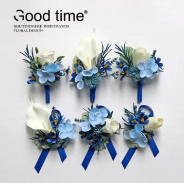 GT silk corsage wrist flower wedding decoration wedding rose brooch horseshoe lily blue and white