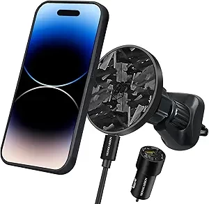 MONOCARBON Carbon Fiber Car Phone Holder for iPhone,Magnetic Cell Phone Car Mount Compatible with MagSafe Fast Wireless Charging,with USB-C Power Cable & Car Charger Adapter-Forged Black