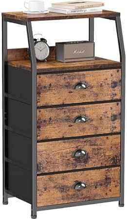 Furnulem Night Stand, Tall 4 Drawers Dresser for Bedroom, Hallway, Nursery, Closet Organizer, Nightstand Bedside Table Furniture, Vertical Storage Tower Fabric, Sturdy Steel Frame, Wood Top