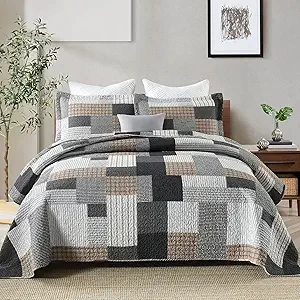 SahSahCasa, Queen Bedding Set, 3Pcs, 100% Cotton, Farmhouse Patchwork Quilt, Plaid Reversible, Grey/Black/Brown/White, All-Season Use, Lightweight, Washable