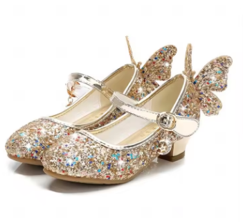 Princess Butterfly Leather Shoes Kids Diamond Bowknot High Heel Children Girl Dance Glitter Shoes Fashion Girls Party Dance Shoe