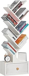 8 Tier Tree Bookshelf with Drawer, Free Standing Wood Bookcase for Narrow Space, Storage Organizer Bookshelves for Books, Book Case for Home Office, Living Room, Bedroom - Sweet White