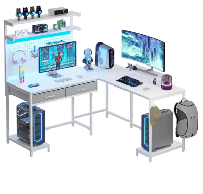 White L Shaped Gaming Desk with LED Lights and Drawers, Gaming Desk with Hutch & Pegboard, Computer Desk